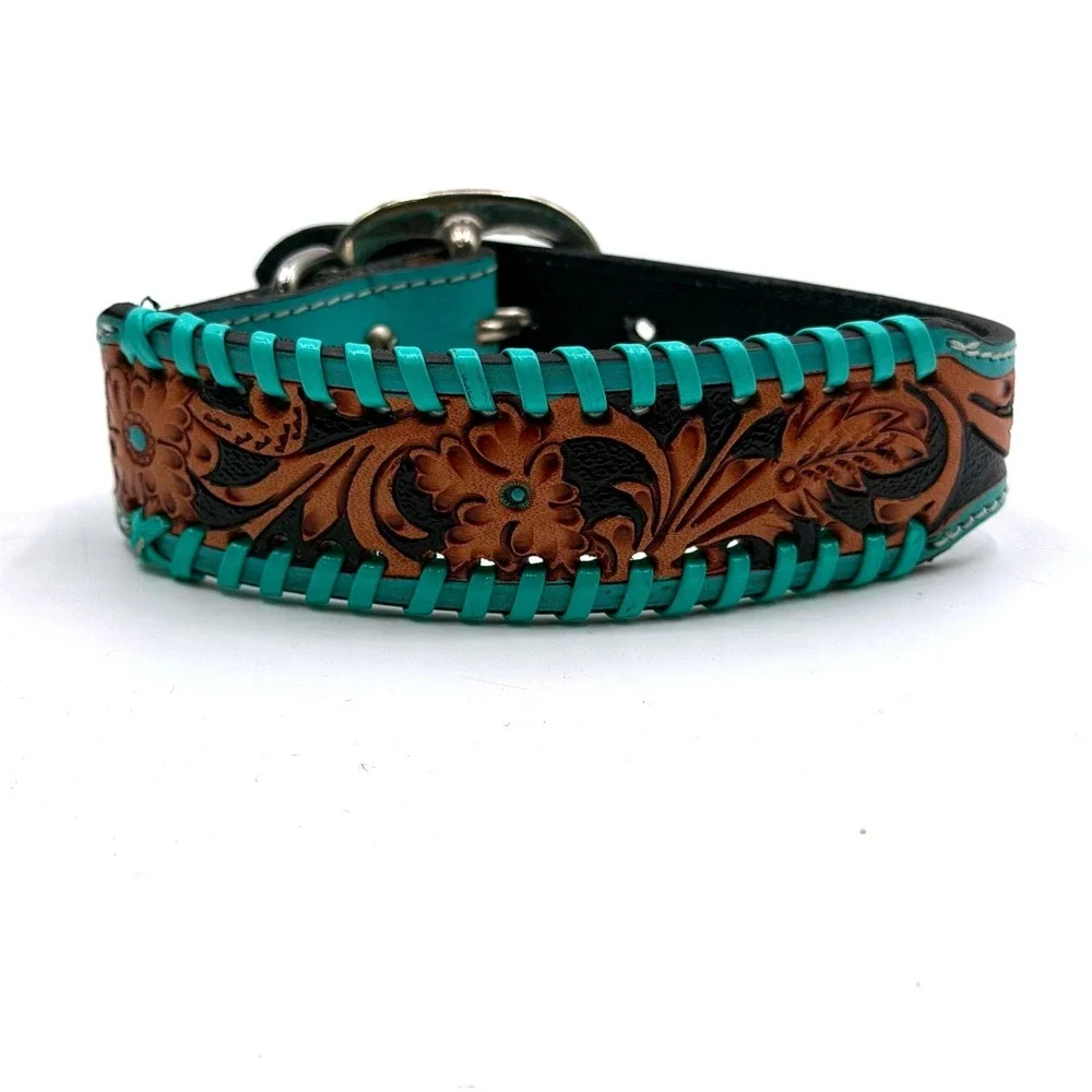 Myra Bag Acety Hand Tooled Leather Dog Collar Turquoise Whipstitch Floral Small